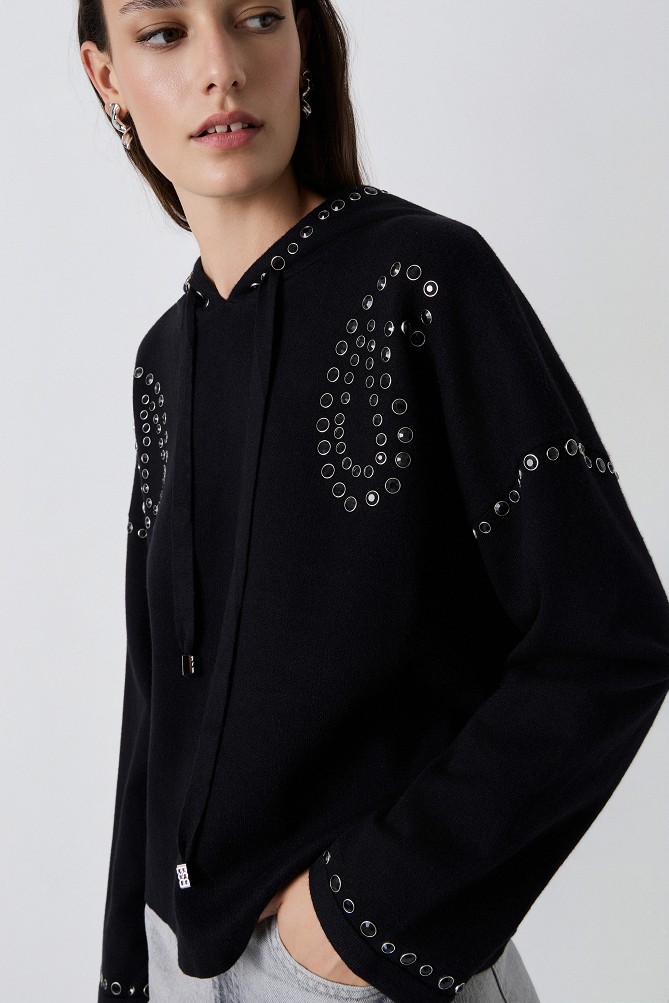 Hooded sweater with rhinestone embellishments
