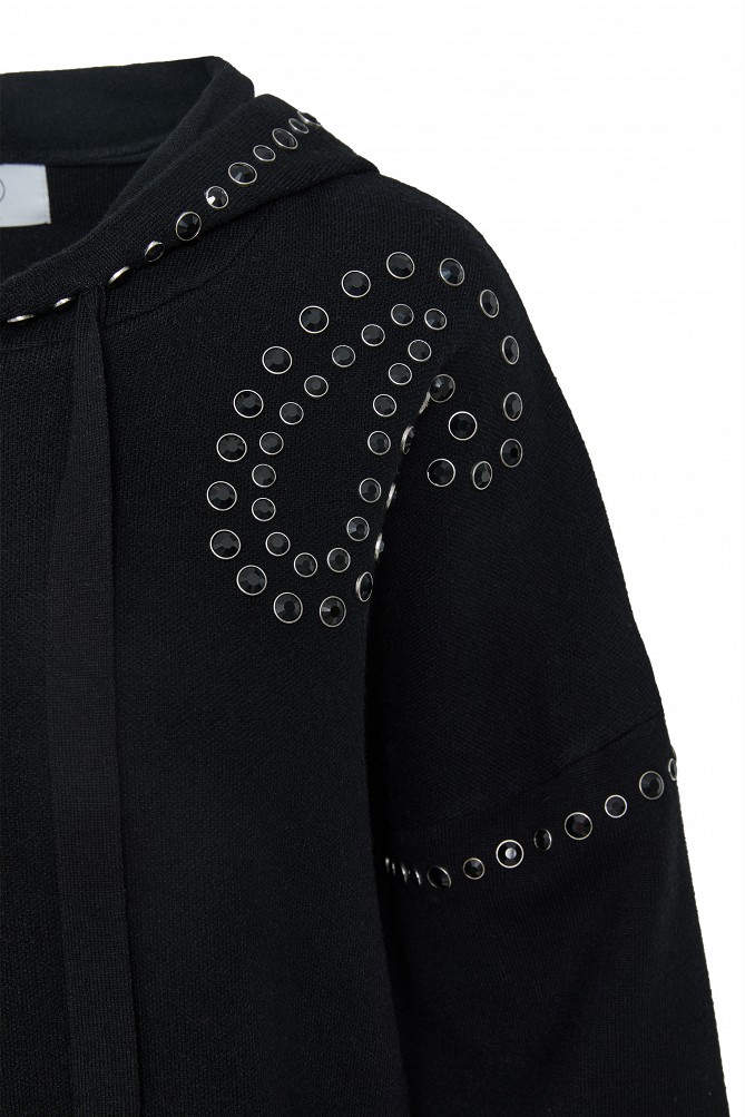 Hooded sweater with rhinestone embellishments