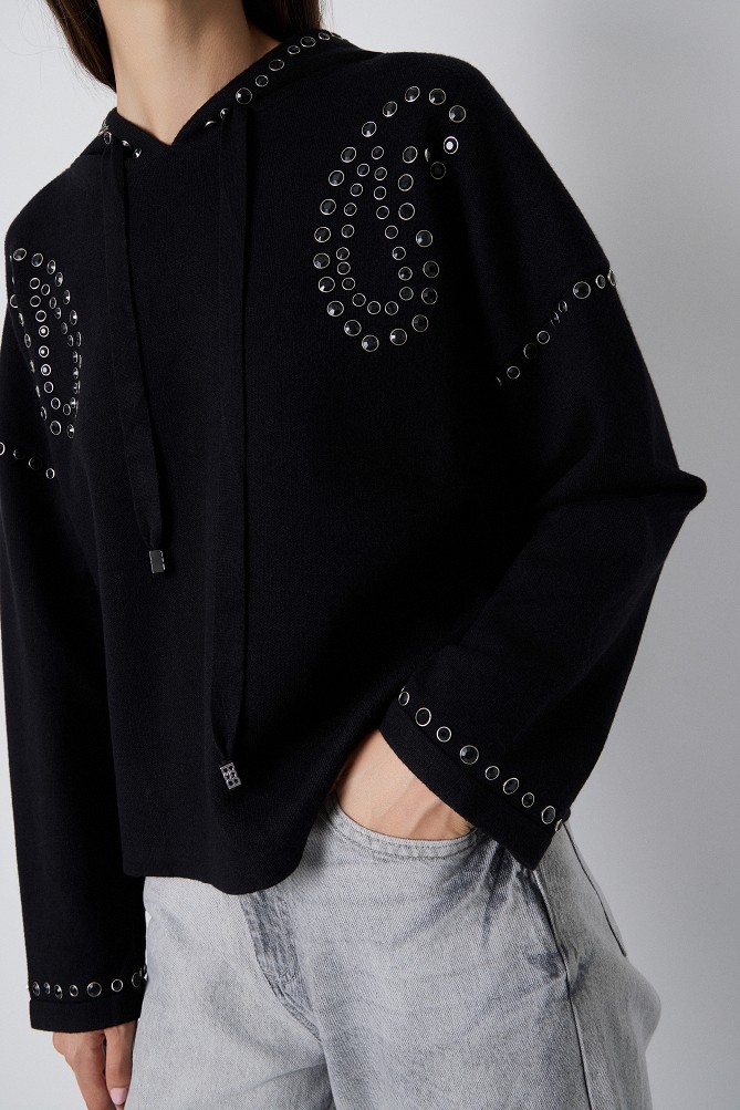 Hooded sweater with rhinestone embellishments