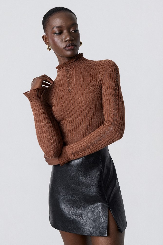 Lurex turtleneck sweater with ruffle details