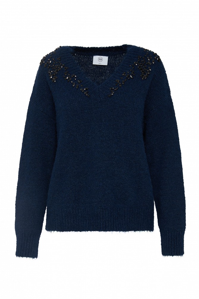 V-neck sweater with embellished stones