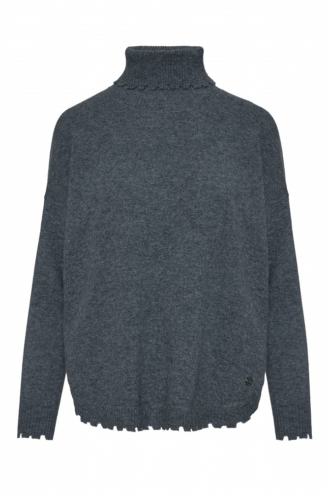 Wool turtleneck sweater with distressed details