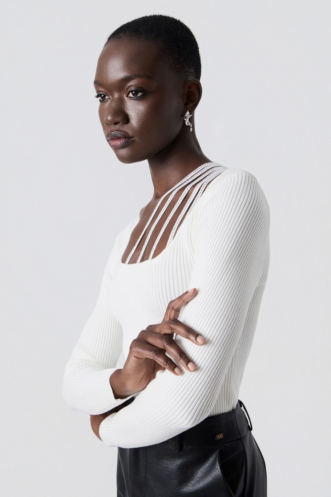 Ribbed sweater with rhinestone detailing