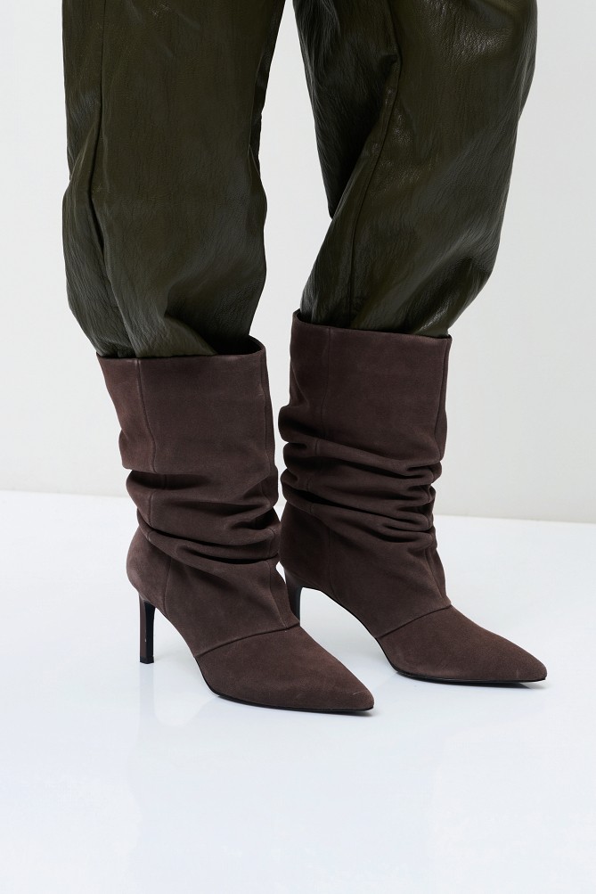 Suede high-knee boots with gathered detailing
