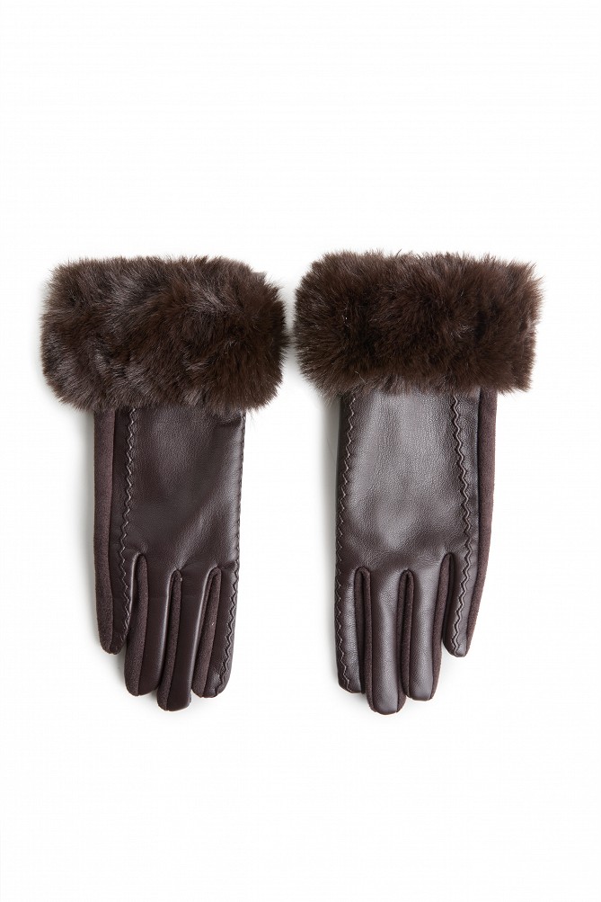 Faux fur-trimmed gloves with a leather-look finish