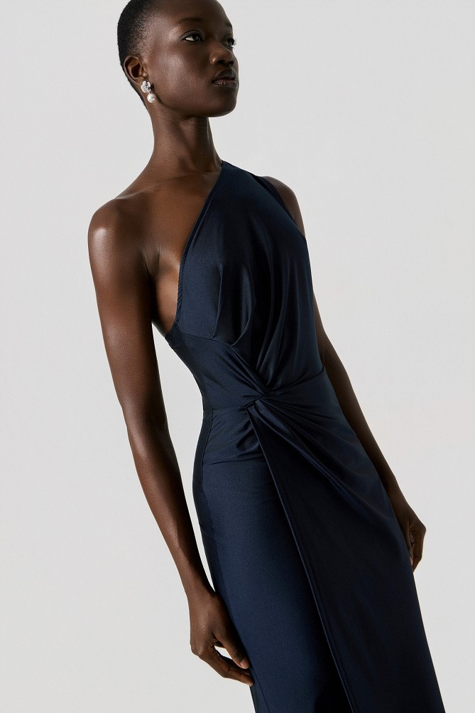 Maxi one-shoulder dress with ruching - Gold label