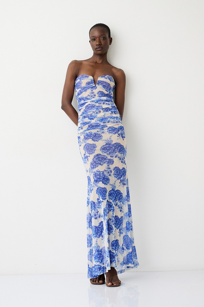 Rochie lungă fără bretele cu print floral