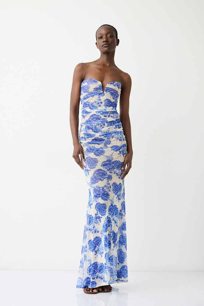 Rochie lungă fără bretele cu print floral