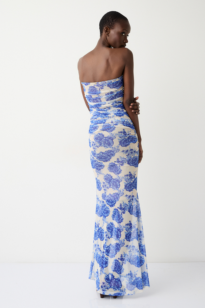 Rochie lungă fără bretele cu print floral