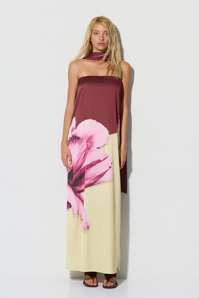 Rochie lungă fără bretele cu print floral