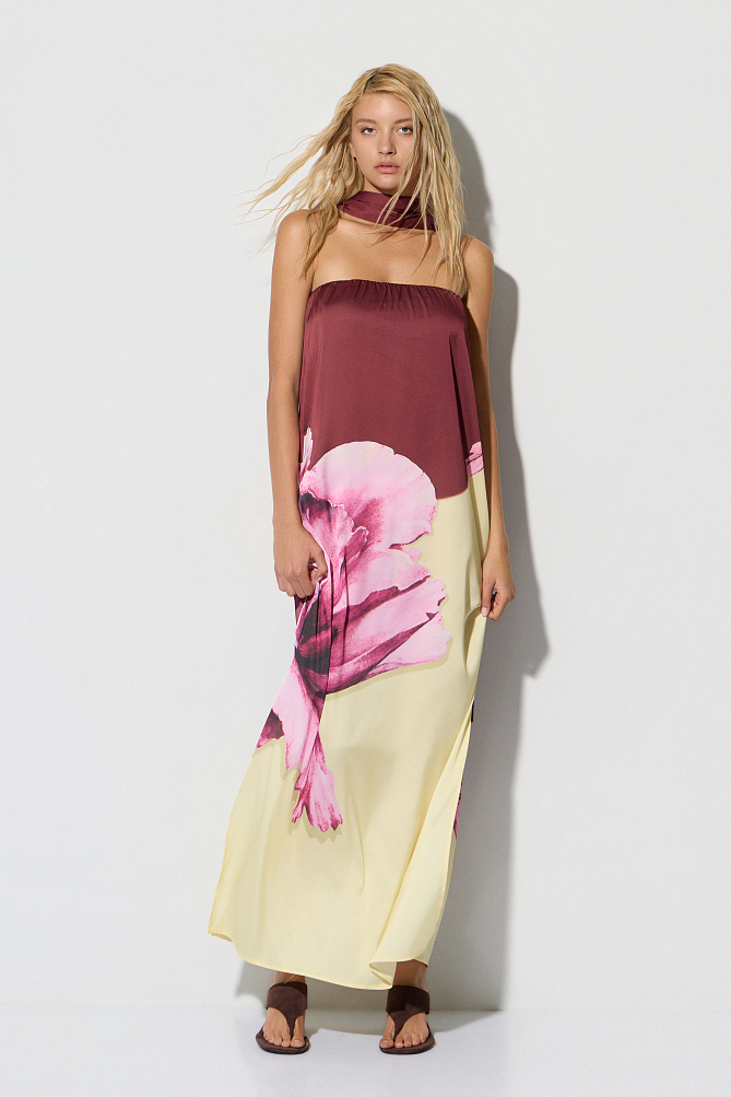 Rochie lungă fără bretele cu print floral