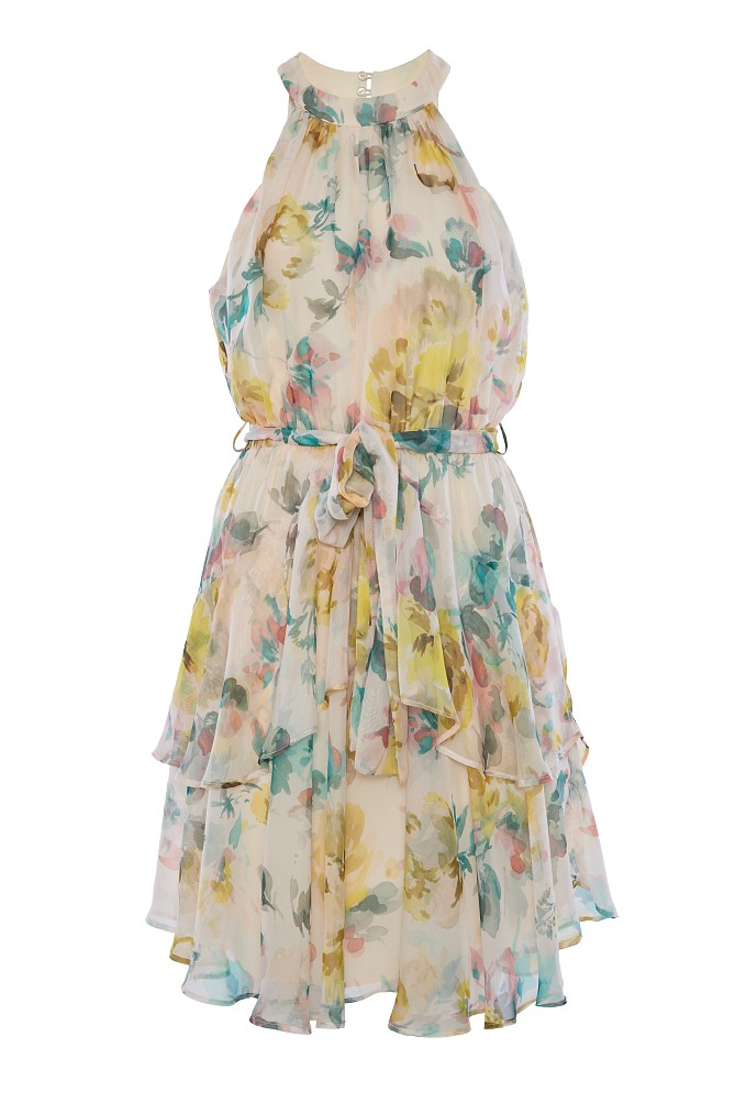 Rochie scurtă cu print floral și guler halter