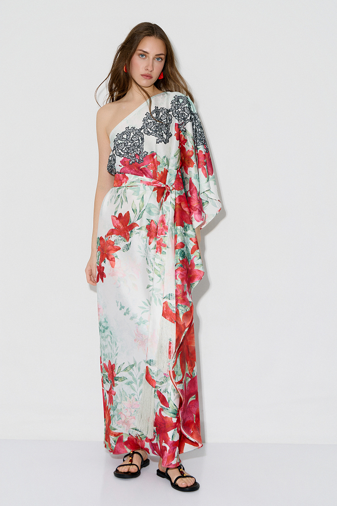 Rochie lungă pe un umăr cu print floral