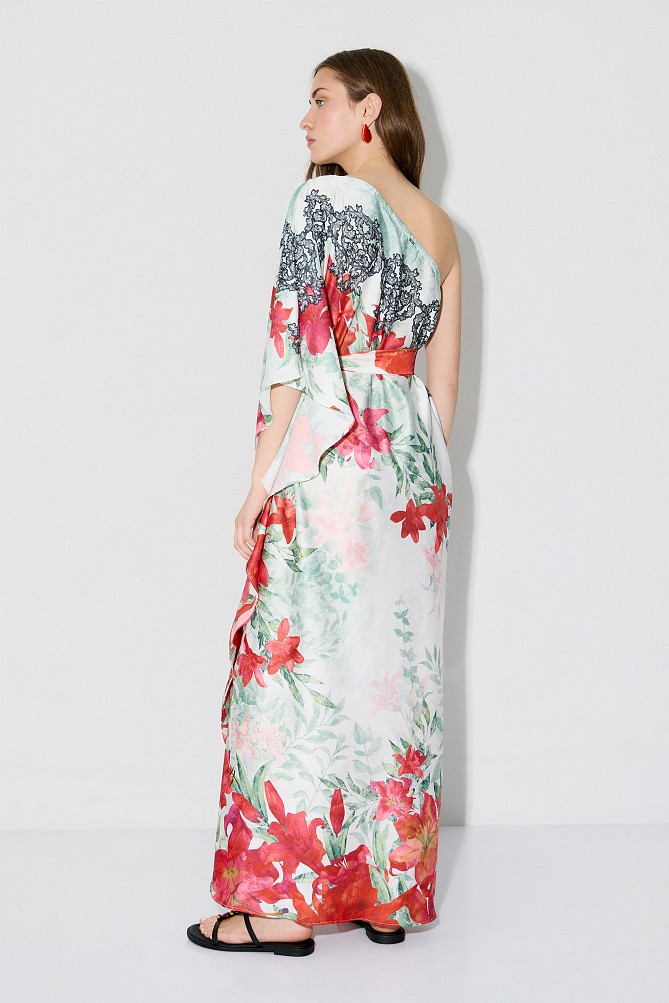 Rochie lungă pe un umăr cu print floral