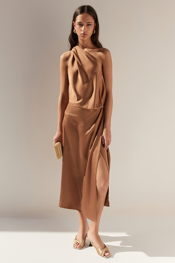 Midi satin asymmetric dress with one shoulder - Gold label