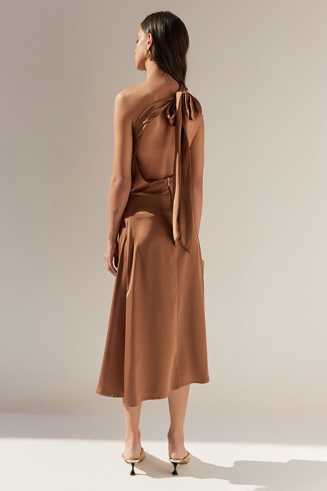 Midi satin asymmetric dress with one shoulder - Gold label