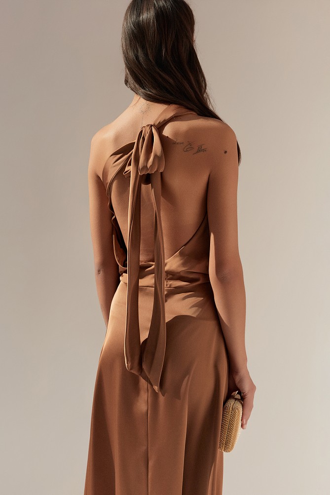 Midi satin asymmetric dress with one shoulder - Gold label