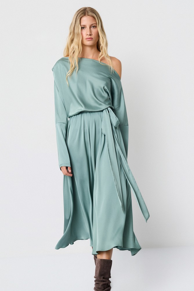 Midi satin off-shoulder dress