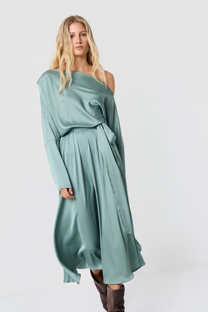 Midi satin off-shoulder dress