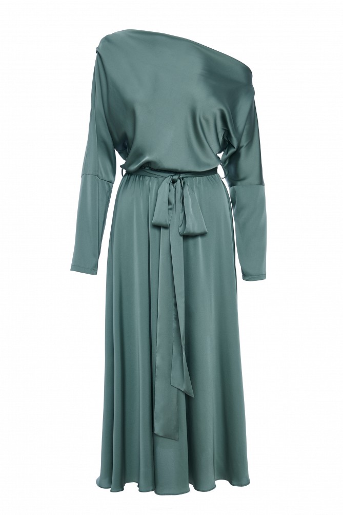 Midi satin off-shoulder dress