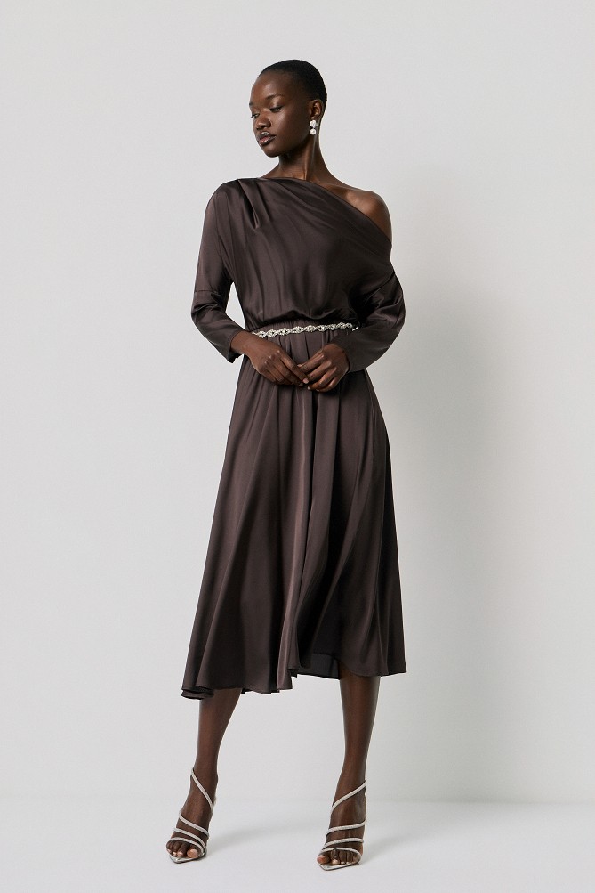 Midi satin off-shoulder dress