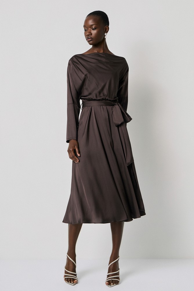 Midi satin off-shoulder dress