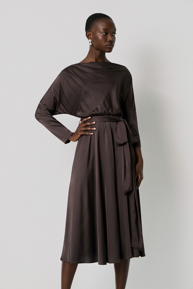 Midi satin off-shoulder dress