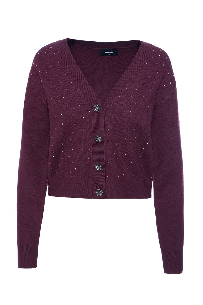 Knitted V-neck cardigan with rhinestones