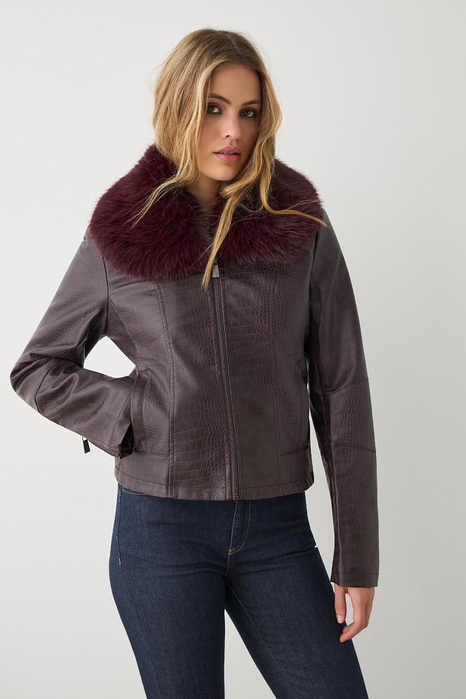 Leather look croco jacket with furry collar