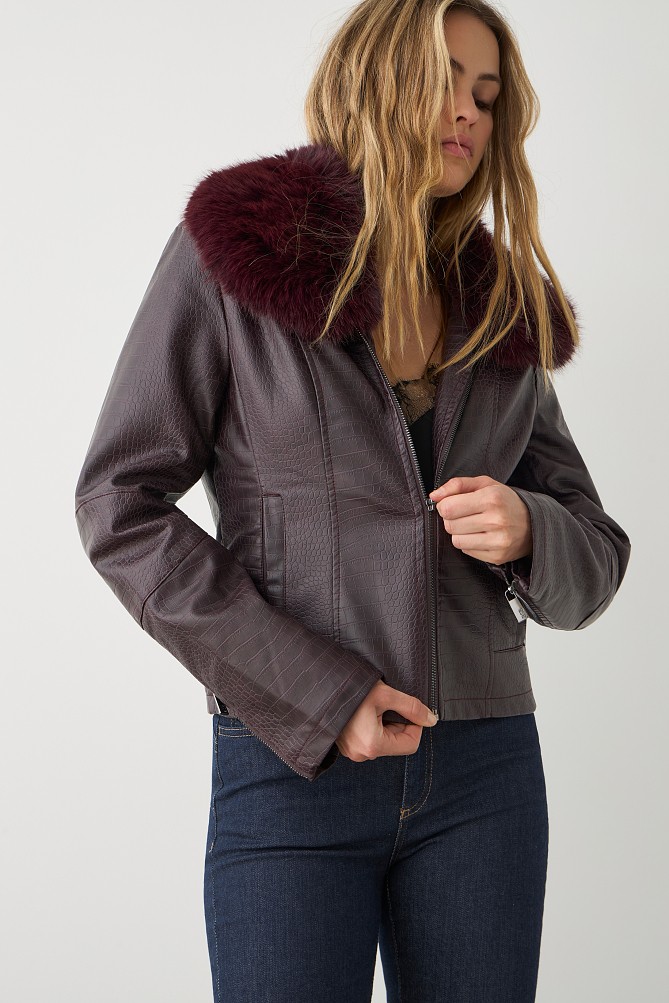 Leather look croco jacket with furry collar