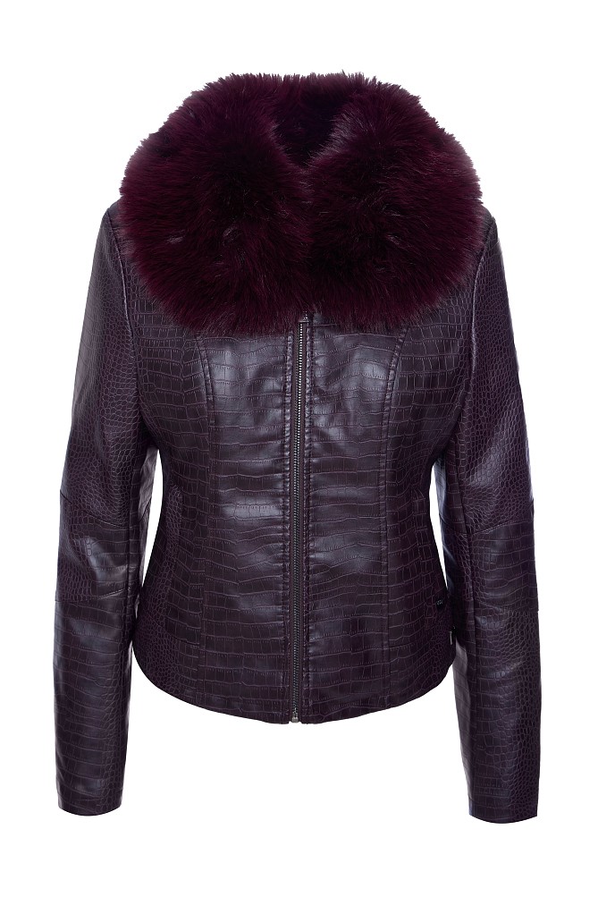 Leather look croco jacket with furry collar