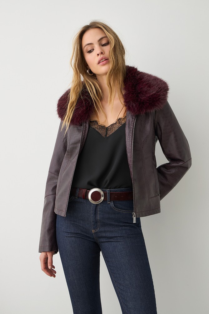 Leather look croco jacket with furry collar