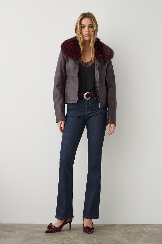 Leather look croco jacket with furry collar