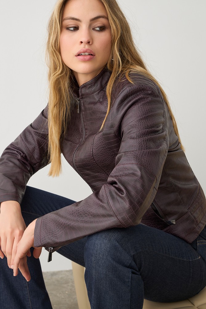 Leather look croco jacket with furry collar