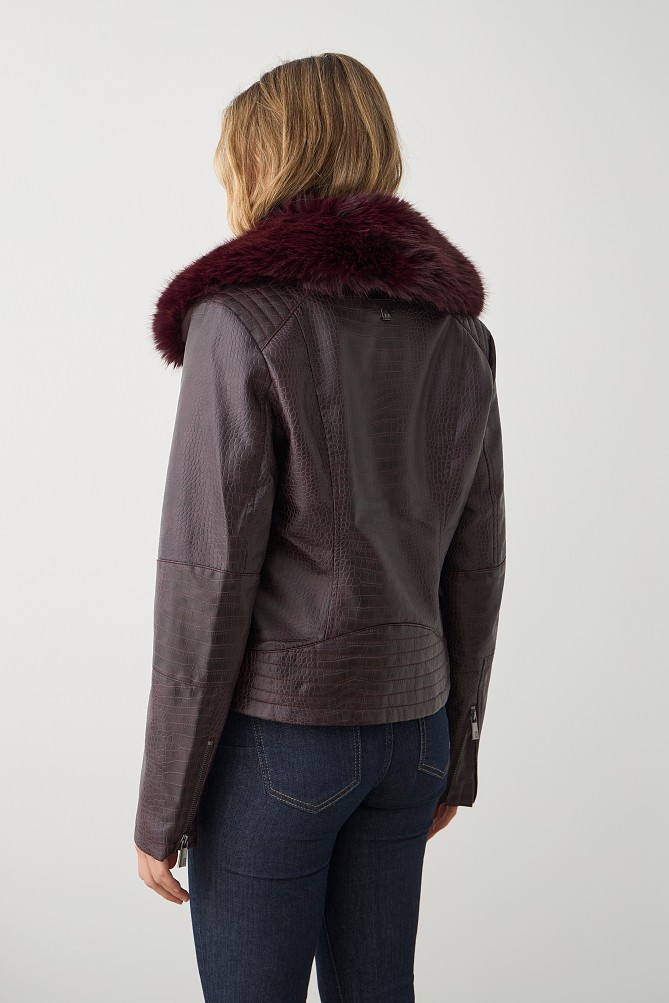 Leather look croco jacket with furry collar