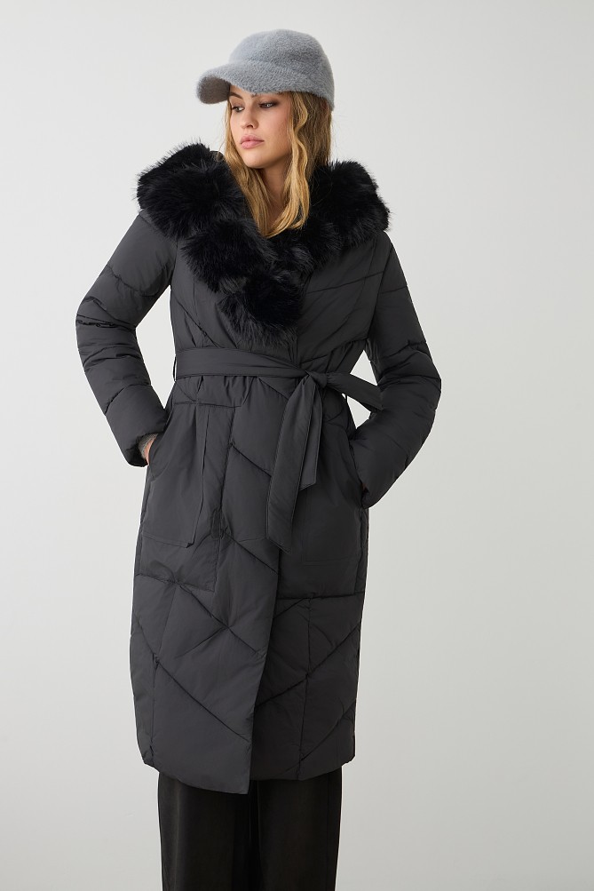 Longline puffer jacket with furry collar