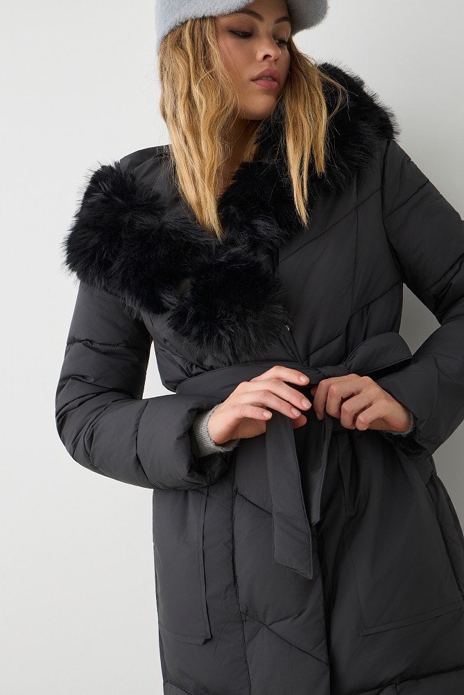 Longline puffer jacket with furry collar