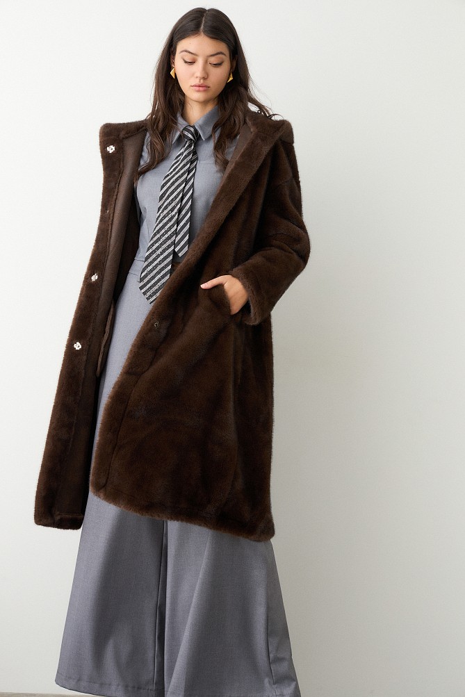 Longline faux fur hooded coat
