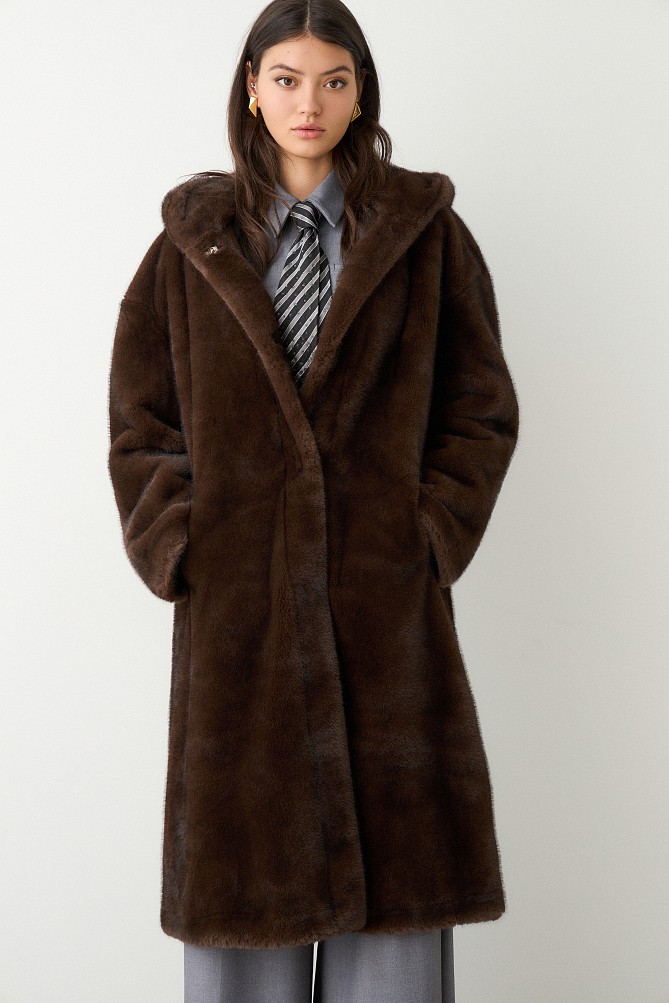 Longline faux fur hooded coat