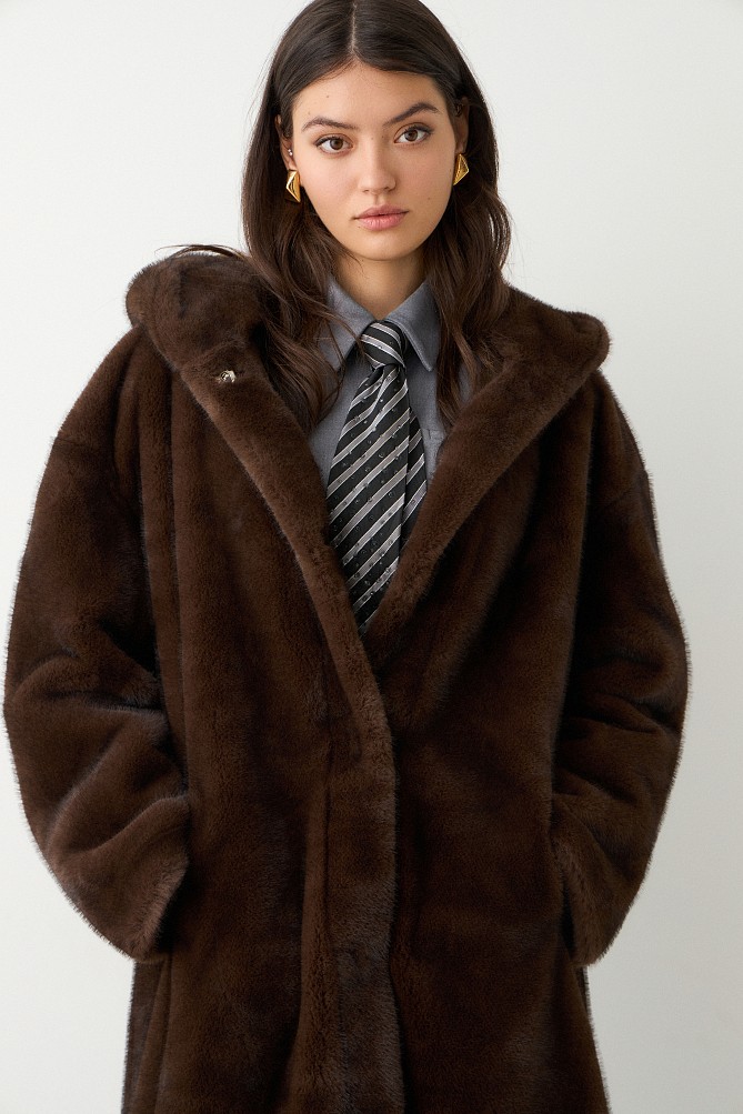 Longline faux fur hooded coat