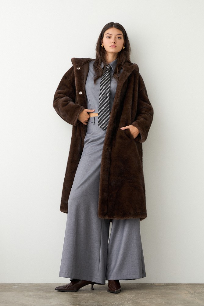 Longline faux fur hooded coat