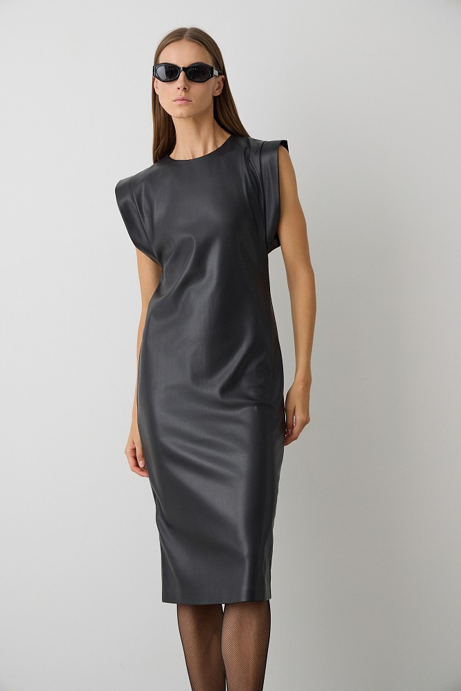 Midi sleeveless leather look dress