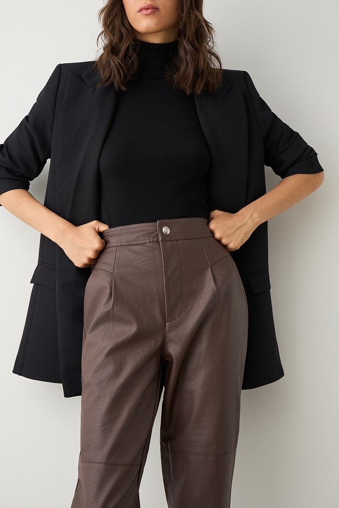 Leather look pants with pleat