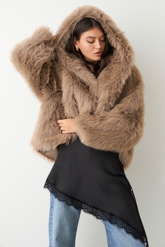 Shortline faux fur hooded coat