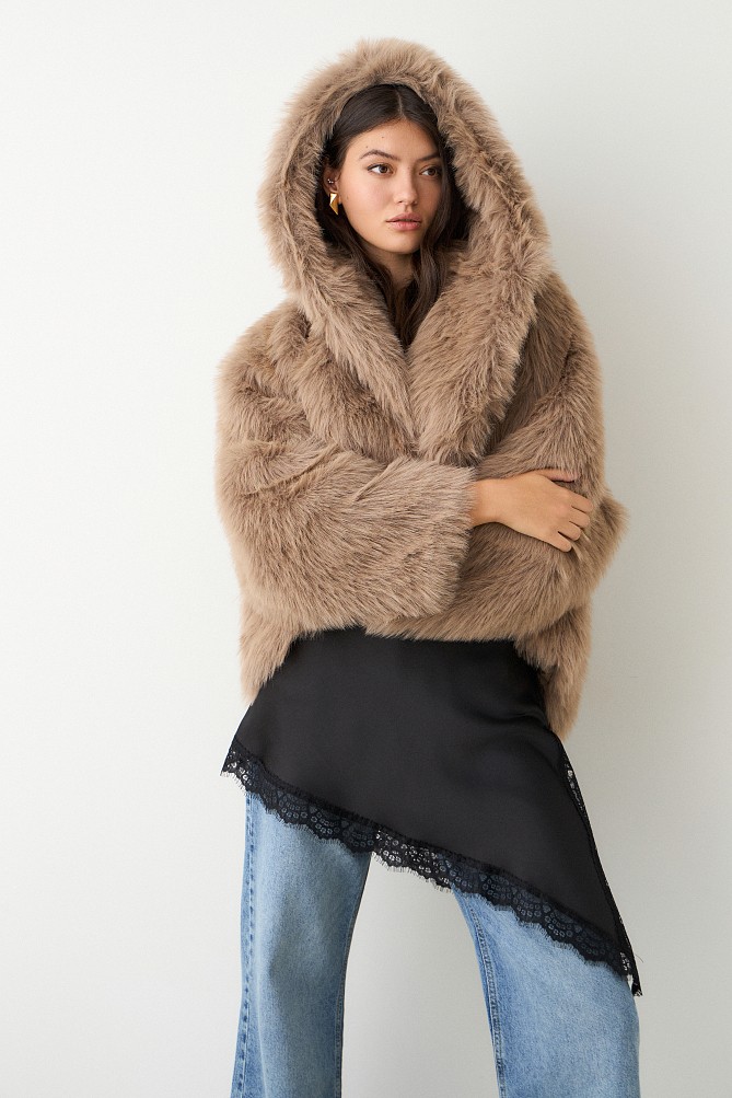 Shortline faux fur hooded coat