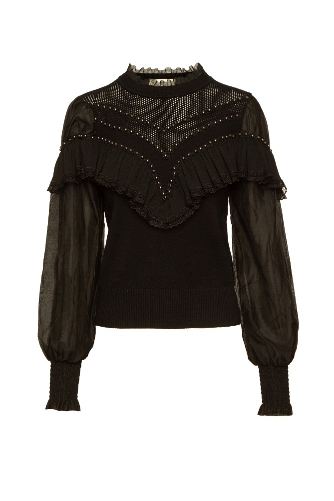 Sweater with tulle sleeves and beads