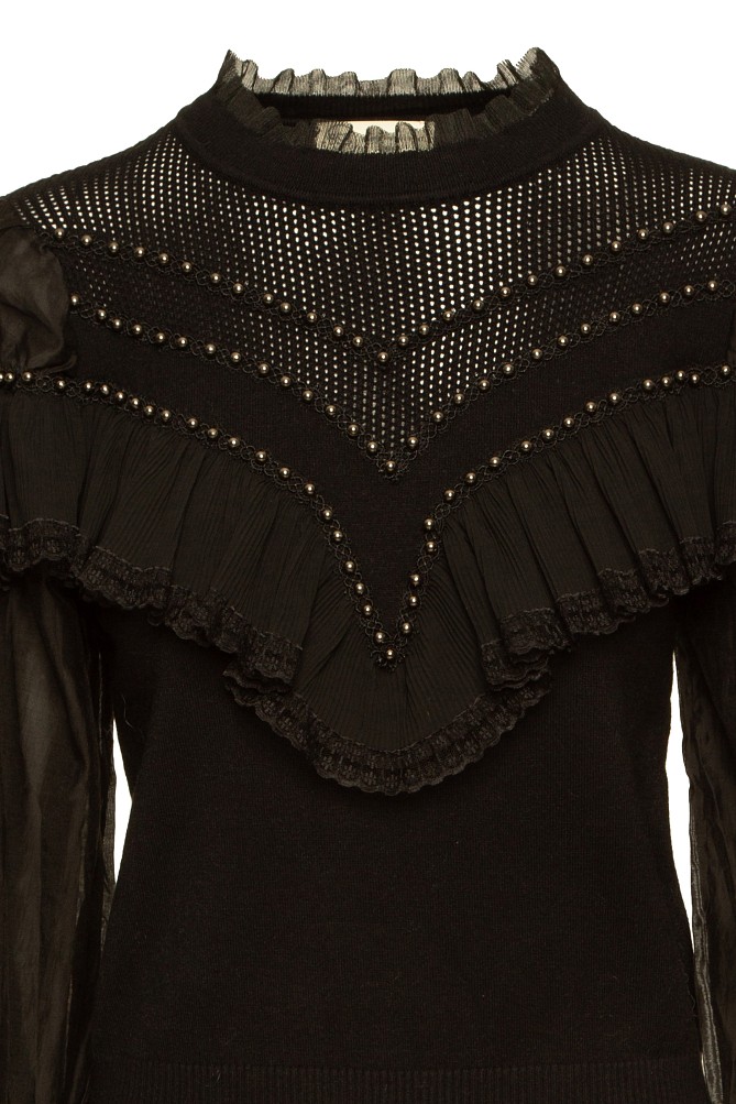 Sweater with tulle sleeves and beads