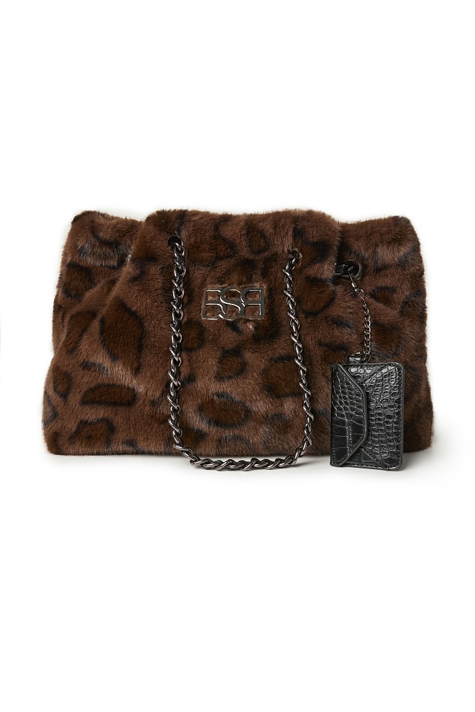 Γούνινη λεοπάρ τσάντα ώμου με αλυσίδα