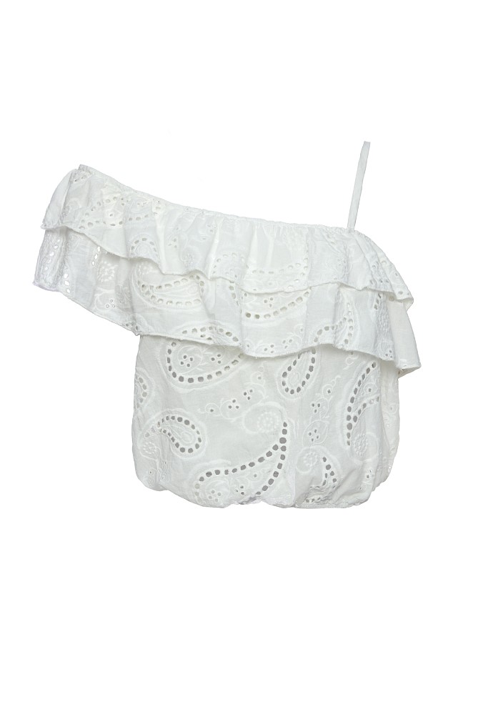 Broderie crop top with one shoulder and ruffles