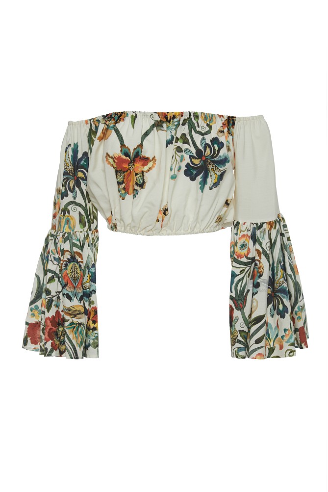 Crop top cu umerii goi și print
